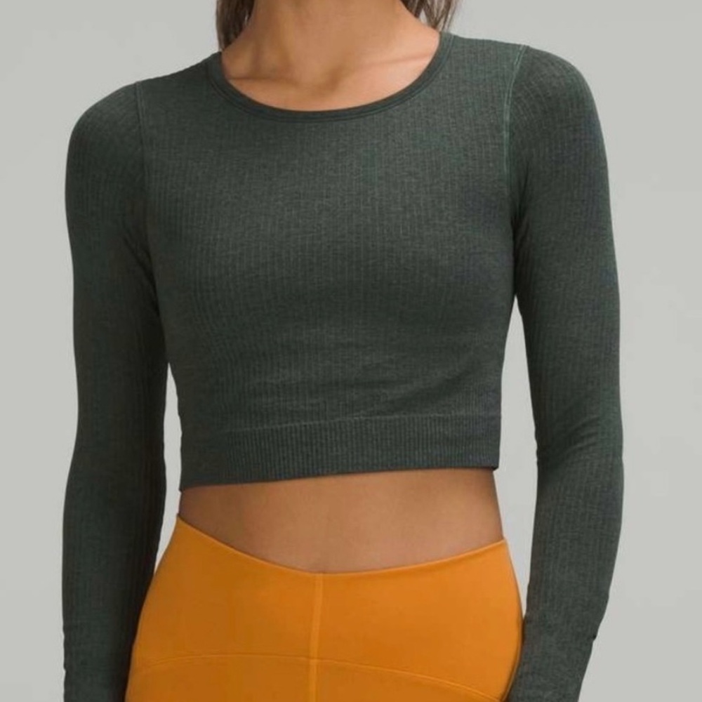 lululemon athletica Olive Green Ribbed Long Sleeve Crop Top